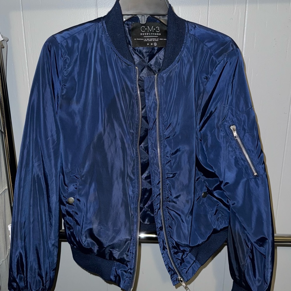 Navy Blue Nylon Bomber Jacket
